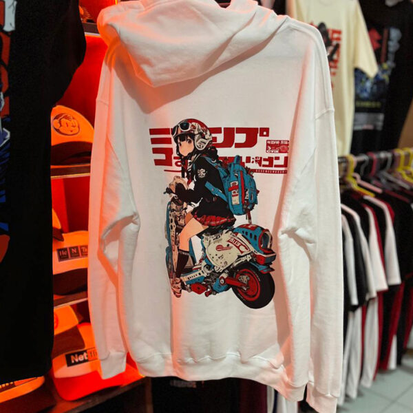 Sudadera / Hoodie con estampado de chica en moto en  colores claros.