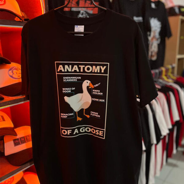 Playera negra cuello redondo con estampado de anatomy of a goose