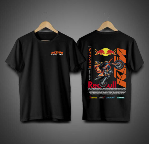 Playera negra cuello redondo con estampado de moto KTM