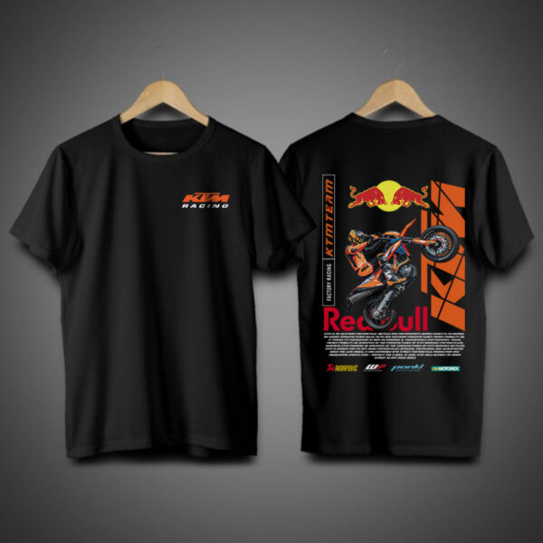 Playera negra cuello redondo con estampado de moto KTM